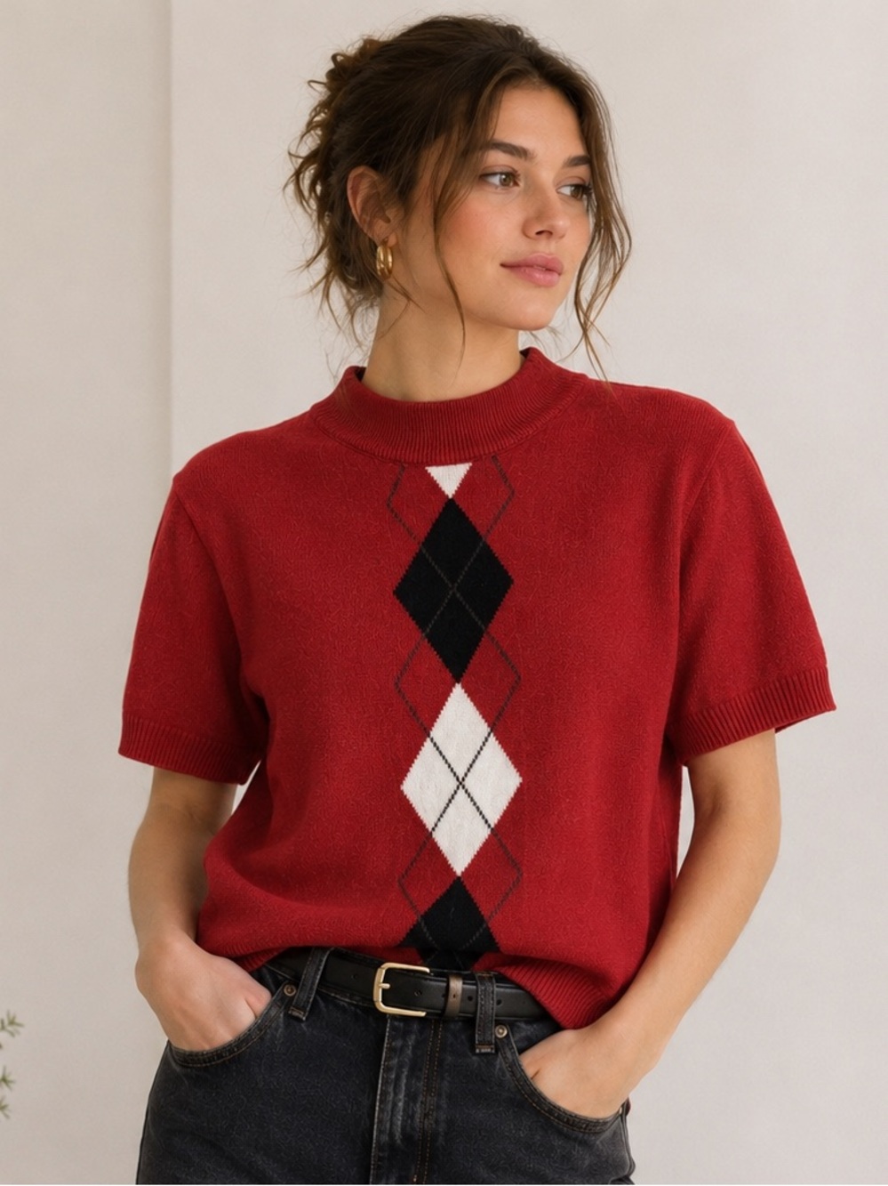 Vintage 90s Red Argyle Short Sleeve Mock Neck Preppy Sweater M